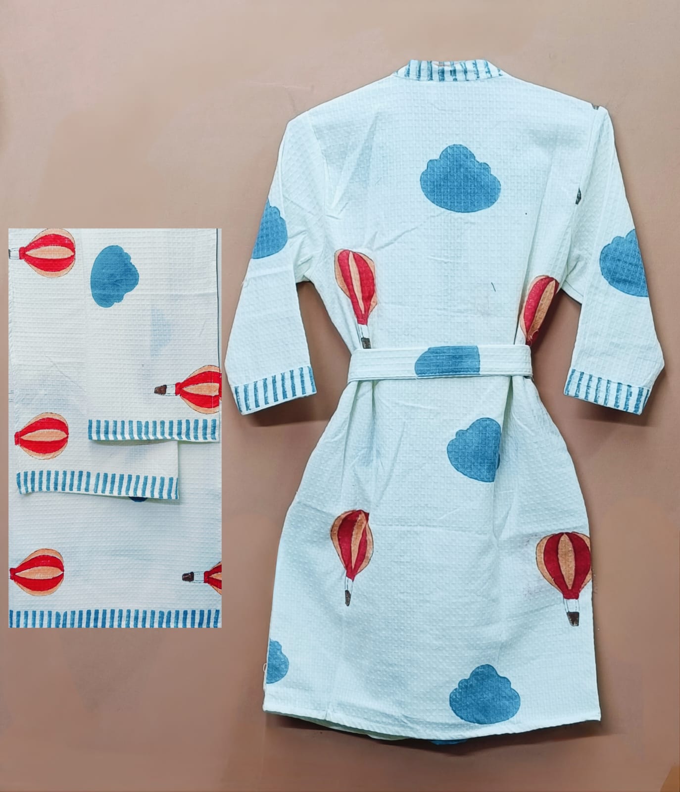 Handblock Printed Waffle Cotton Bathrobe Gift Box for Kids (4-13 Years) – Includes Bath Towel & 2 Hand Towels