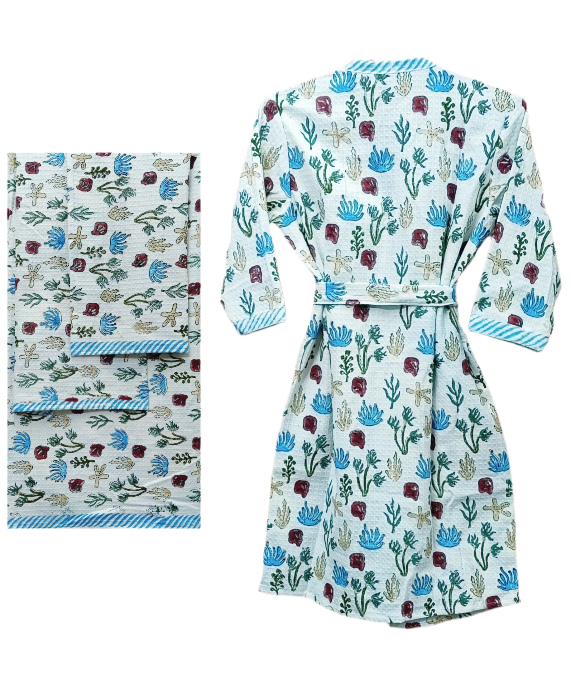 Handblock Printed Waffle Cotton Bathrobe Gift Box for Kids (4-13 Years) – Includes Bath Towel & 2 Hand Towels