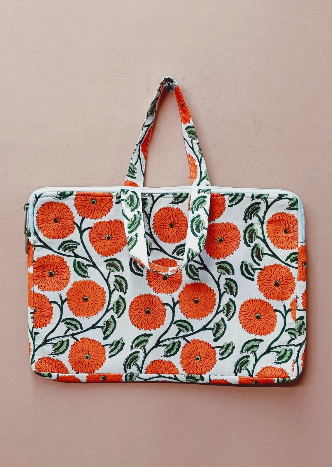 Laptop Bag with Handle -100% Cotton with handblock print and cushion support - 13-15 inches