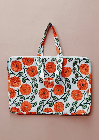 Laptop Bag with Handle -100% Cotton with handblock print and cushion support - 13-15 inches