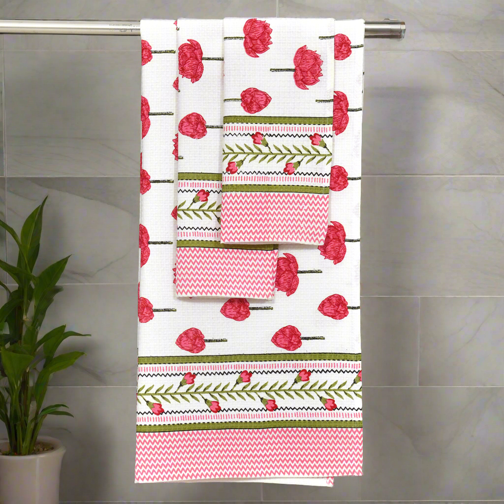 Gift Set - Handblock Printed Towels - 1 Bath + 2 Hand Towels