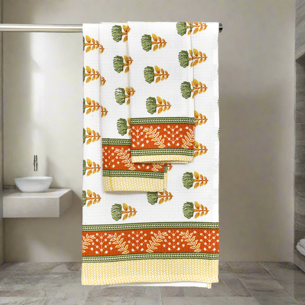 Gift Set - Handblock Printed Towels - 1 Bath + 2 Hand Towels