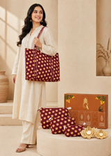 Stylish Tote Bag with 3 Coordinated Utility Pouches with Gift Box with Set of 2 Metal Diyas