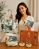 Diwali Gift Box Stylish Tote Bag with 3 Coordinated Utility Pouches, Set of 2 Metal Diya