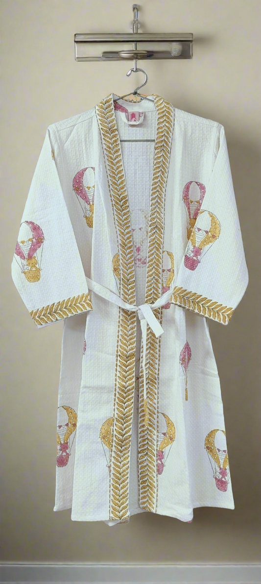 Handblock printed waffle cotton bathrobe for kids - 4-13 years old