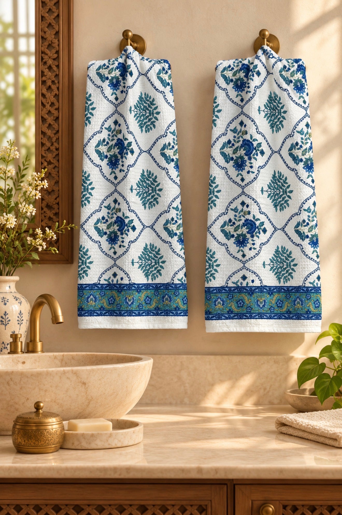 Diwali Gift Box | Set of 2 Waffle Cotton Handblock Printed Hand Towels