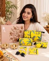 Diwali Gift Box Set of 5 Utility Pouches with Set of 2 Metal Diya (3 Makeup Pouches, 1 Sunglass Pouch, 1 Sanitary Napkin Pouch