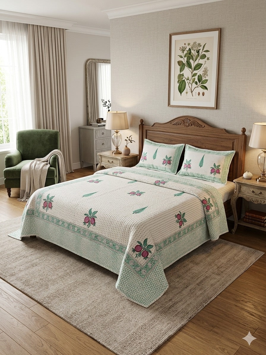 Super King Size HandBlock Printed Kantha Bedcover with 2 Pillow covers (108x108 inches)