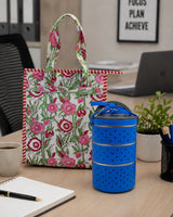 Handblock Printed Insulated Lunch Bag in Canvas Cotton with Zipper Closure (10*14*5  inches)