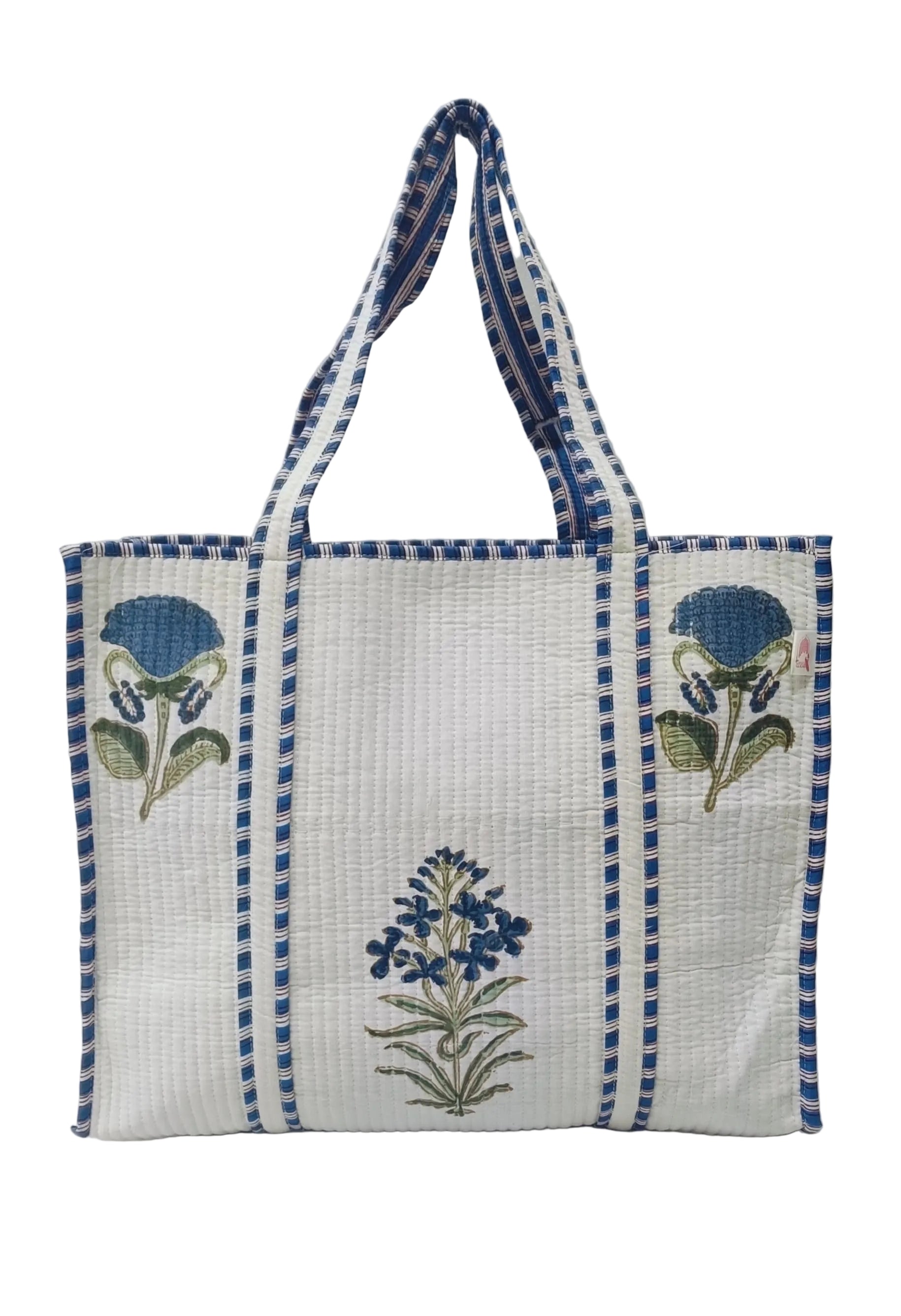 Classic White Block Printed Quilted Tote Bag without zip/button 17x18x 6 inches
