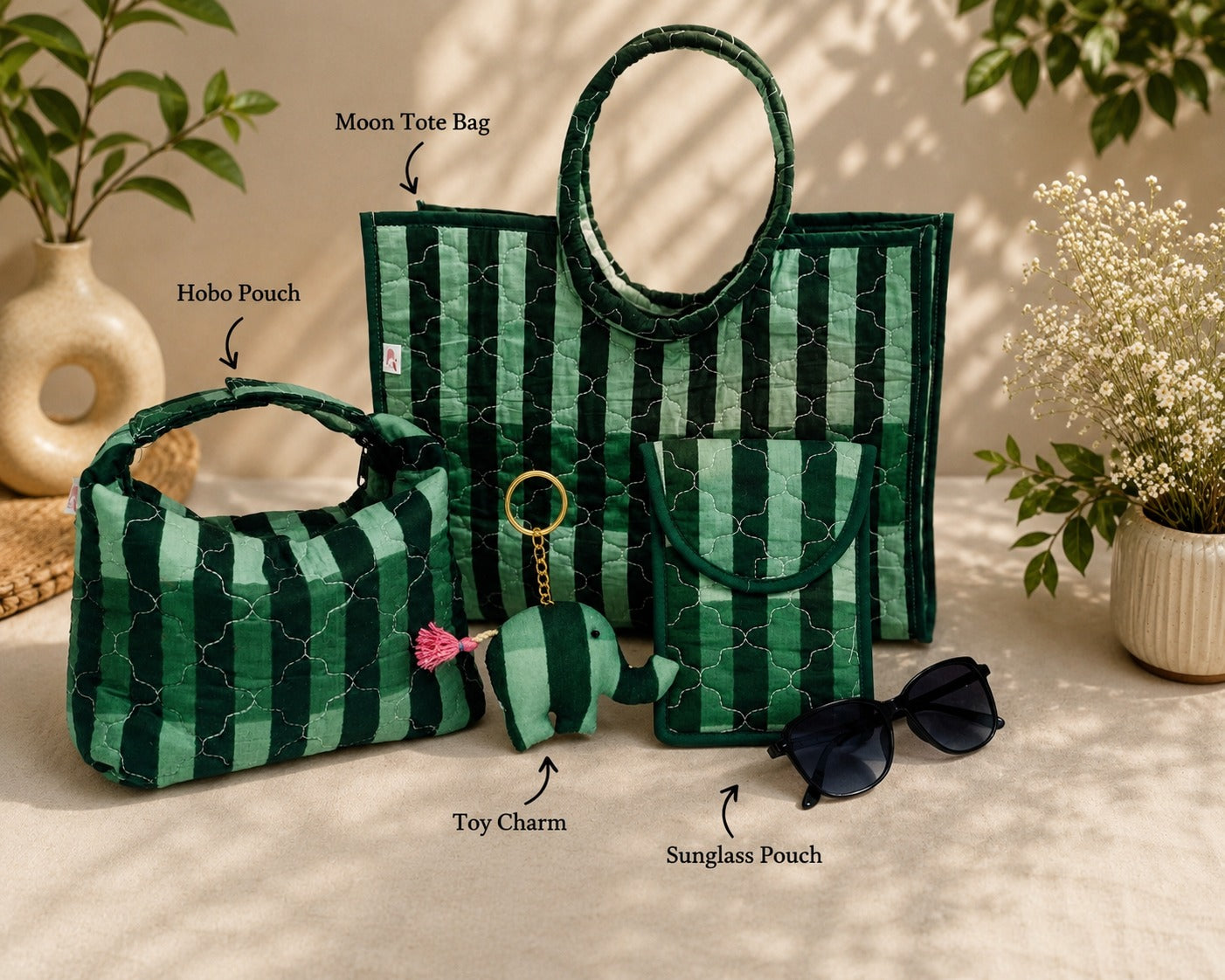 Gift Box with Quilted Cotton Moon Handle Bag, Hobo Pouch, Sunglass Pouch & Toy Charm Keyring