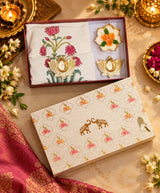 Diwali Home Décor Gift Box with 2 Cushion Covers, 1Handmade Floral Soy Wax Candle & 2 Metal Diyas