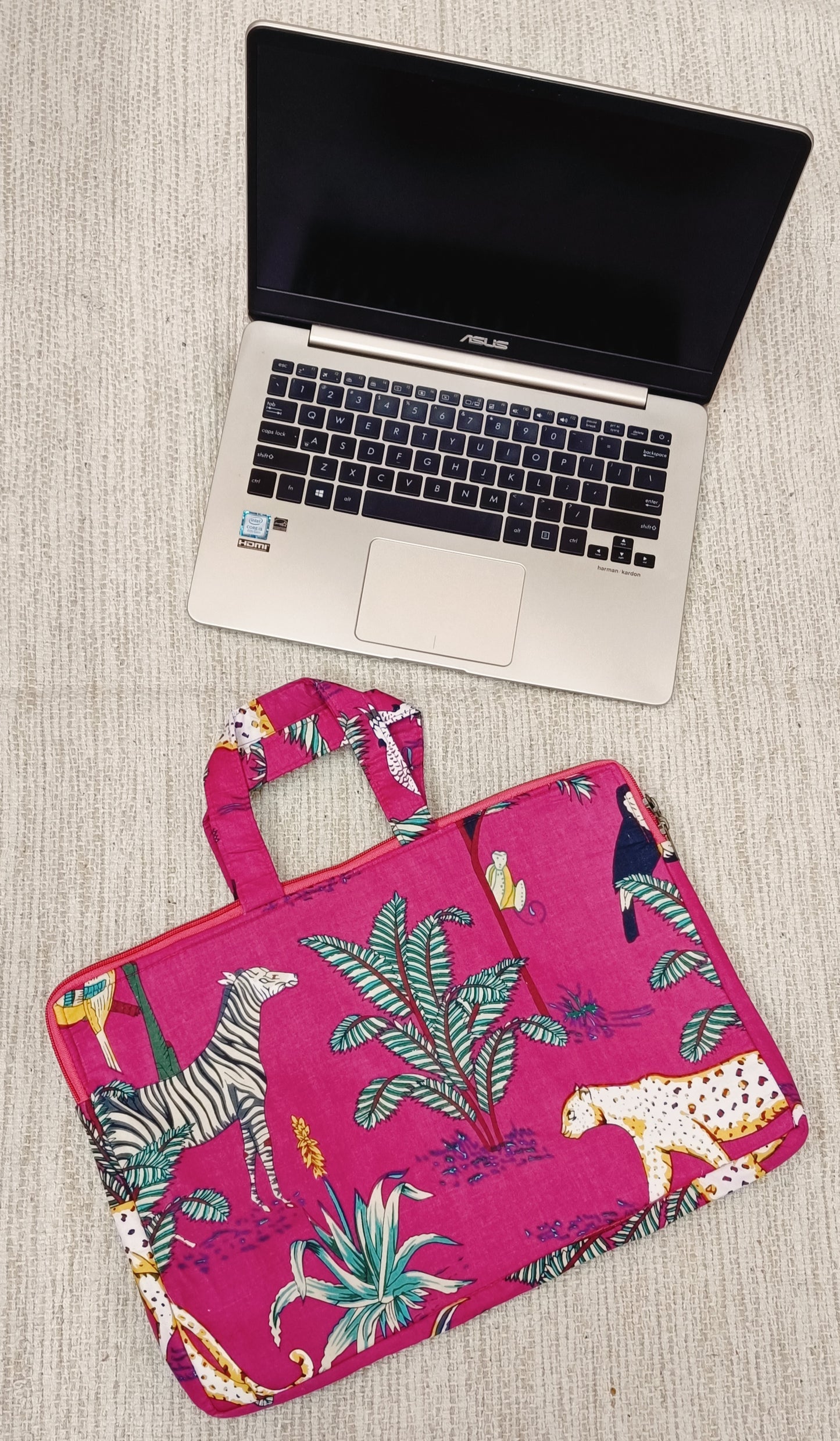 Laptop Bag with Handle -100% Cotton with handblock print and cushion support - 13-15 inches