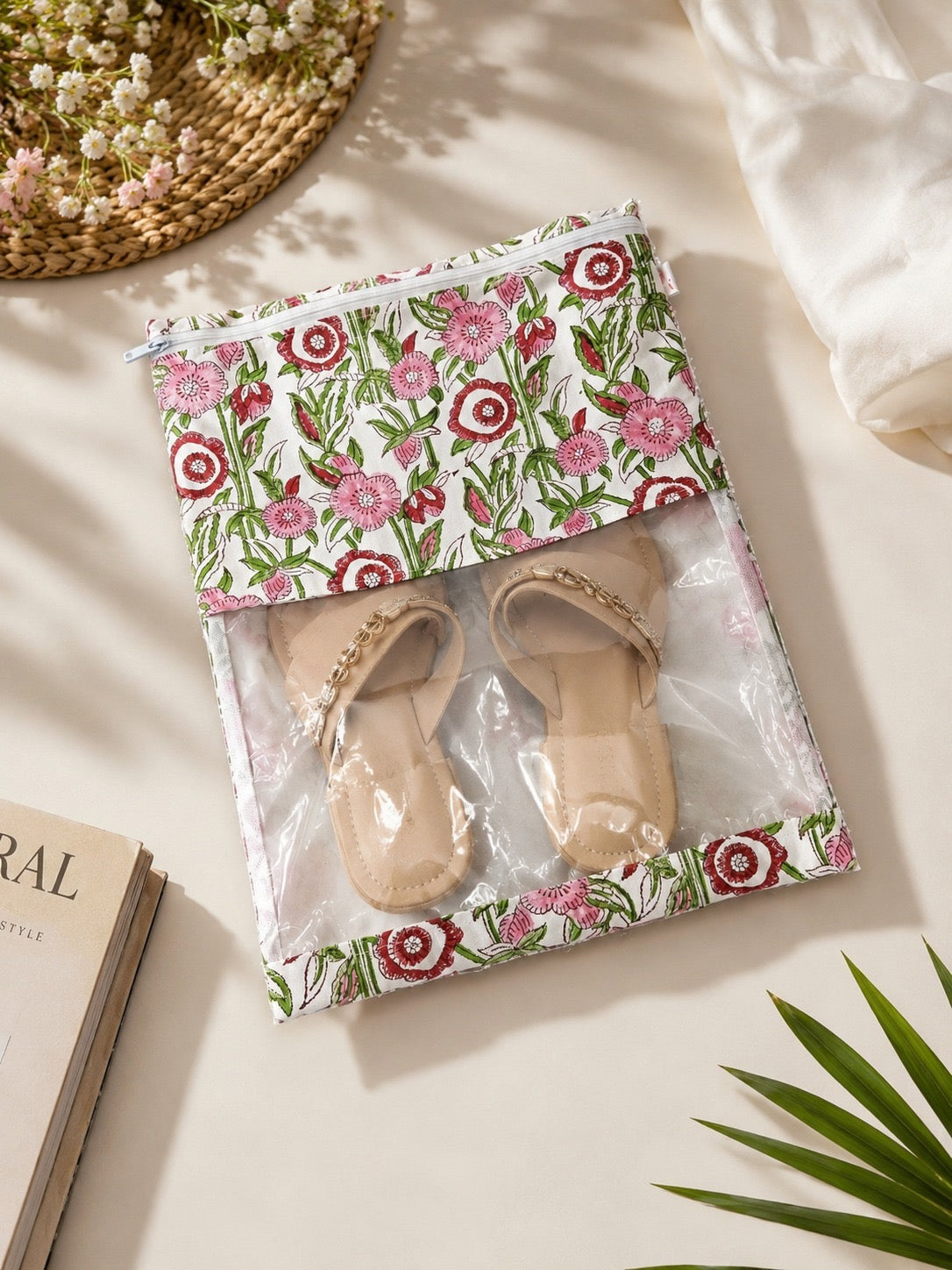 Handblock Printed Cotton Multi-Purpose Storage Pouch with Clear Window- Shoe & Clothing Organizer Bag- Set of 3/6