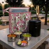 Handblock Printed Insulated Lunch Bag in Canvas Cotton with Zipper Closure (10*14*5  inches)