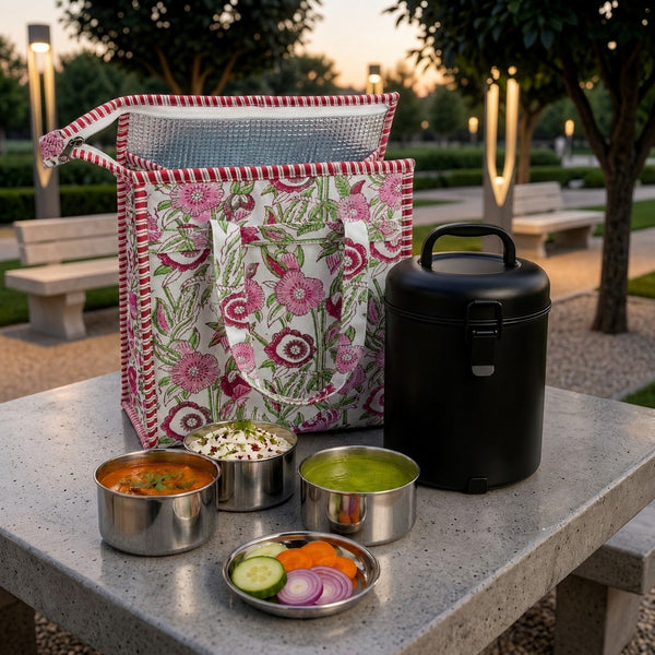 Handblock Printed Insulated Lunch Bag in Canvas Cotton with Zipper Closure (10*14*5  inches)