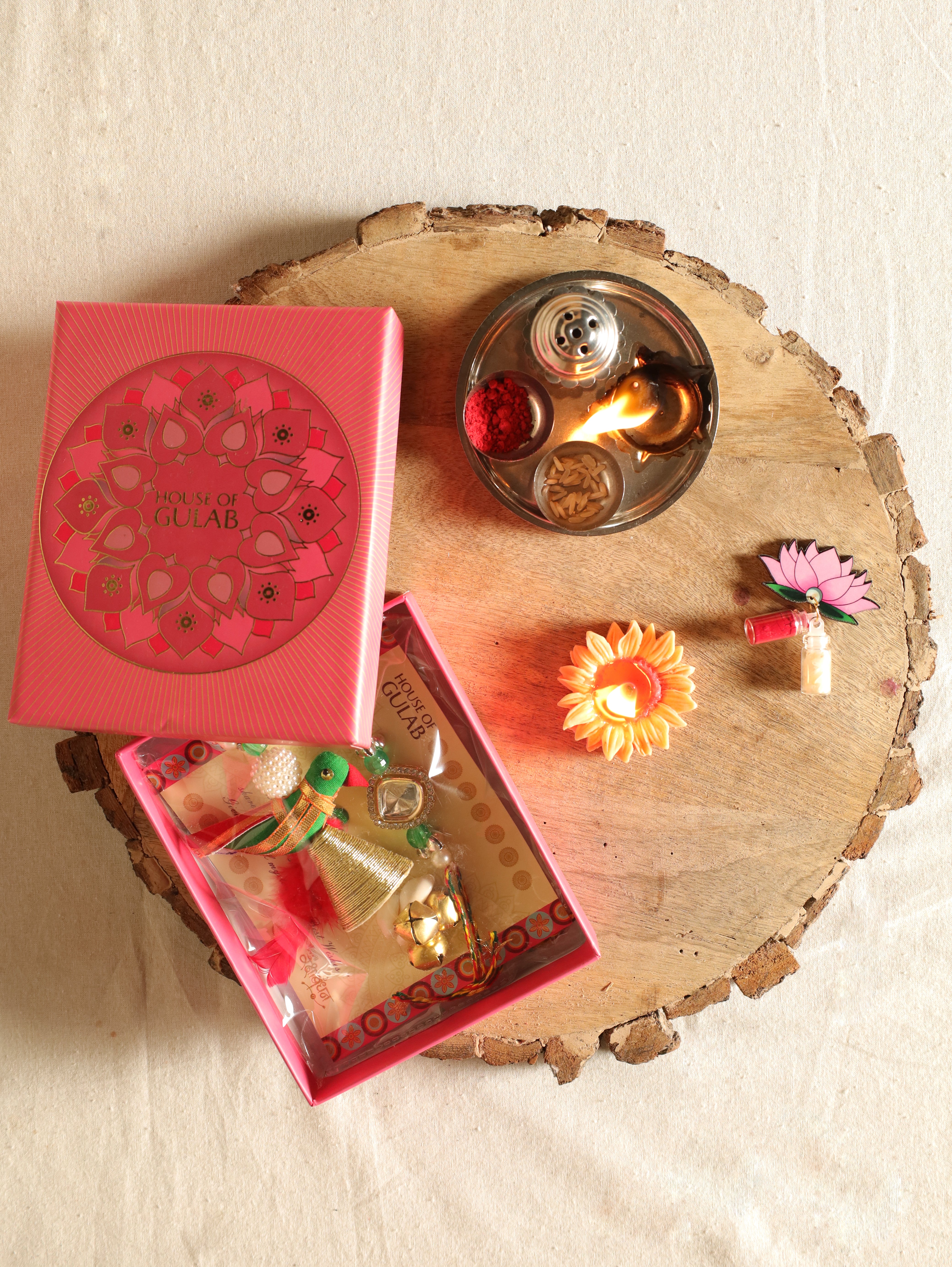 Bhaiya-Bhabhi Rakhi Gift Box – Handcrafted Kundan Rakhi & Lumba Rakhi with Roli Chawal for Raksha Bandhan