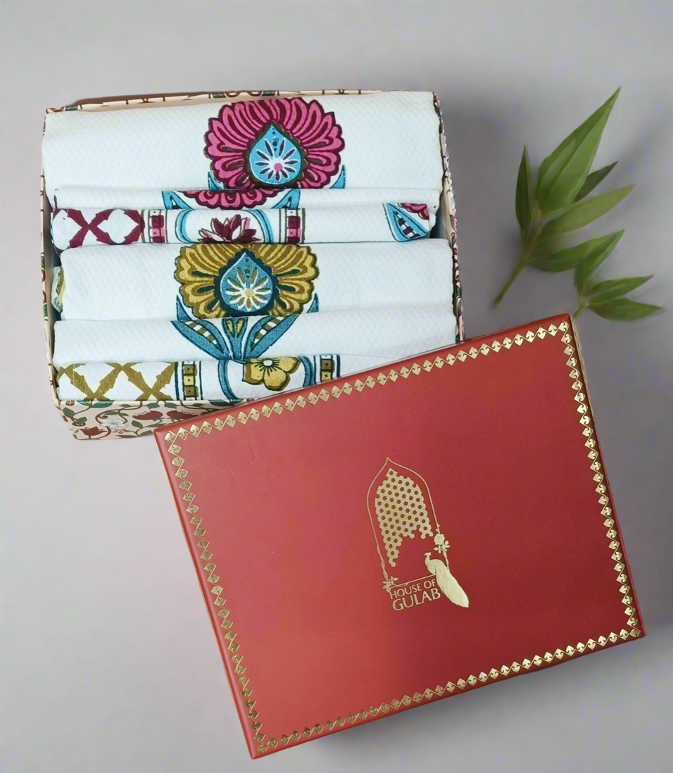 His & Her Towel Gift Set - Handblock Printed Towels - 2 Bath + 4 Hand Towels in 2 designs