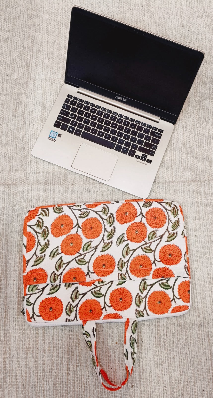 Laptop Bag with Handle -100% Cotton with handblock print and cushion support - 13-15 inches