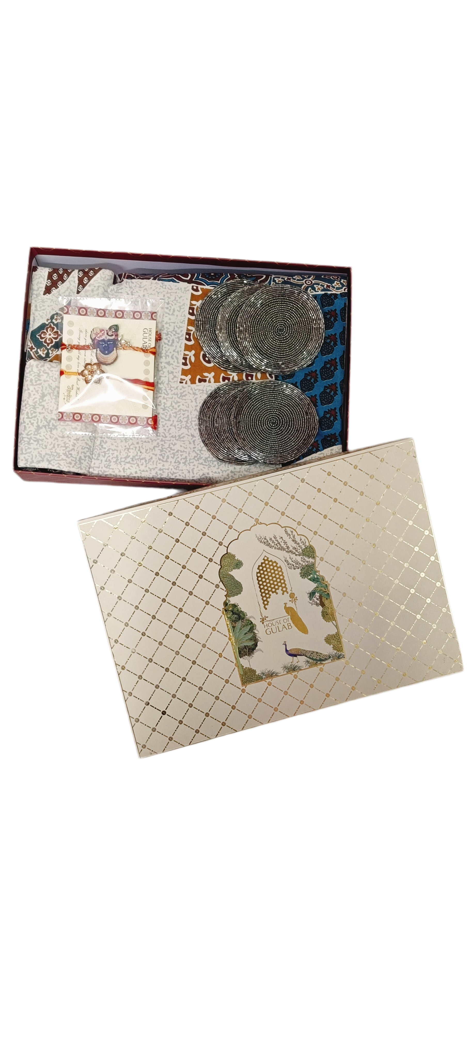 Rakhi Gift Box – Double Cotton Bedsheet, 2 Rakhi & 6 Beaded Coasters