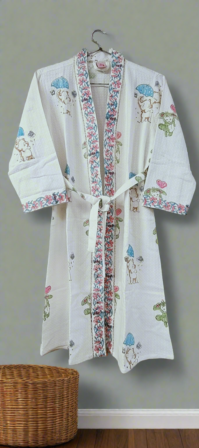 Handblock printed waffle cotton bathrobe for kids - 4-13 years old