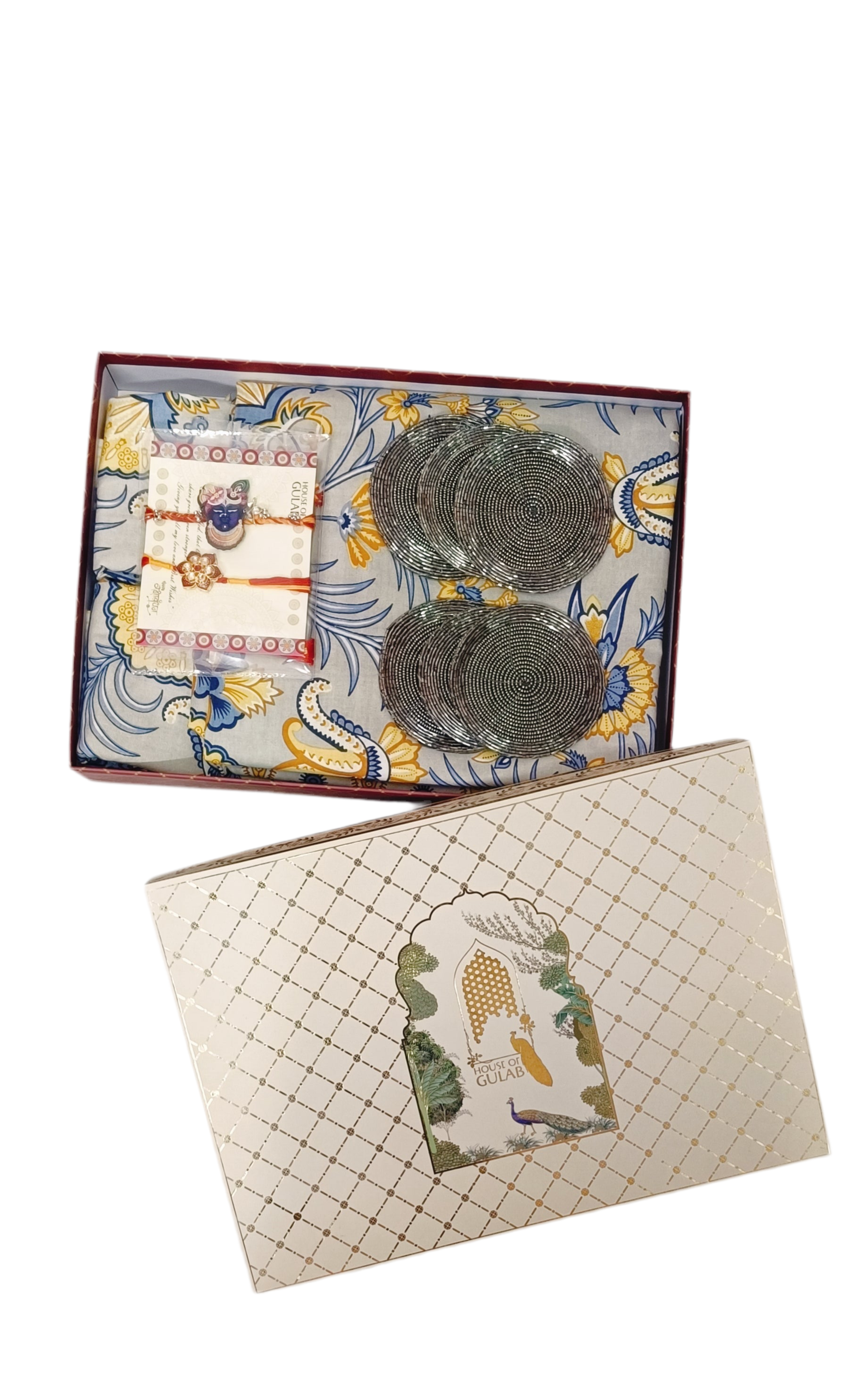 Rakhi Gift Box – Double Cotton Bedsheet, 2 Rakhi & 6 Beaded Coasters