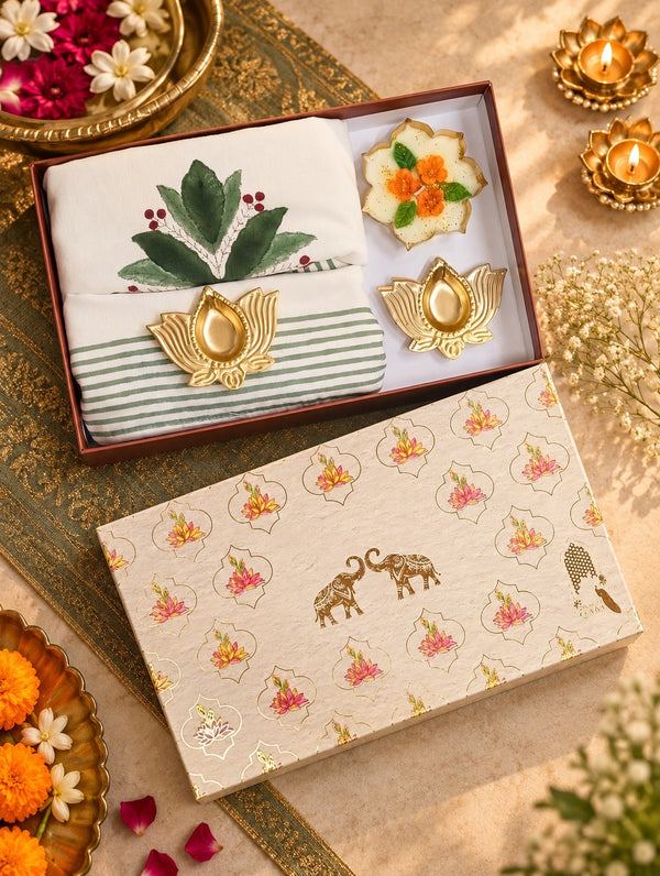 Diwali Home Décor Gift Box with 2 Cushion Covers, 1Handmade Floral Soy Wax Candle & 2 Metal Diyas