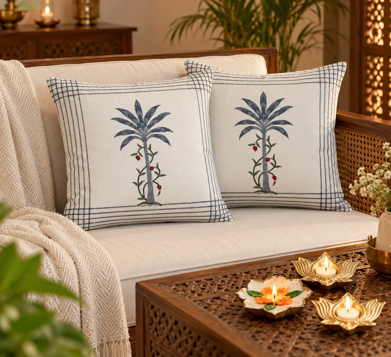 Diwali Home Décor Gift Box with 2 Cushion Covers, 1Handmade Floral Soy Wax Candle & 2 Metal Diyas