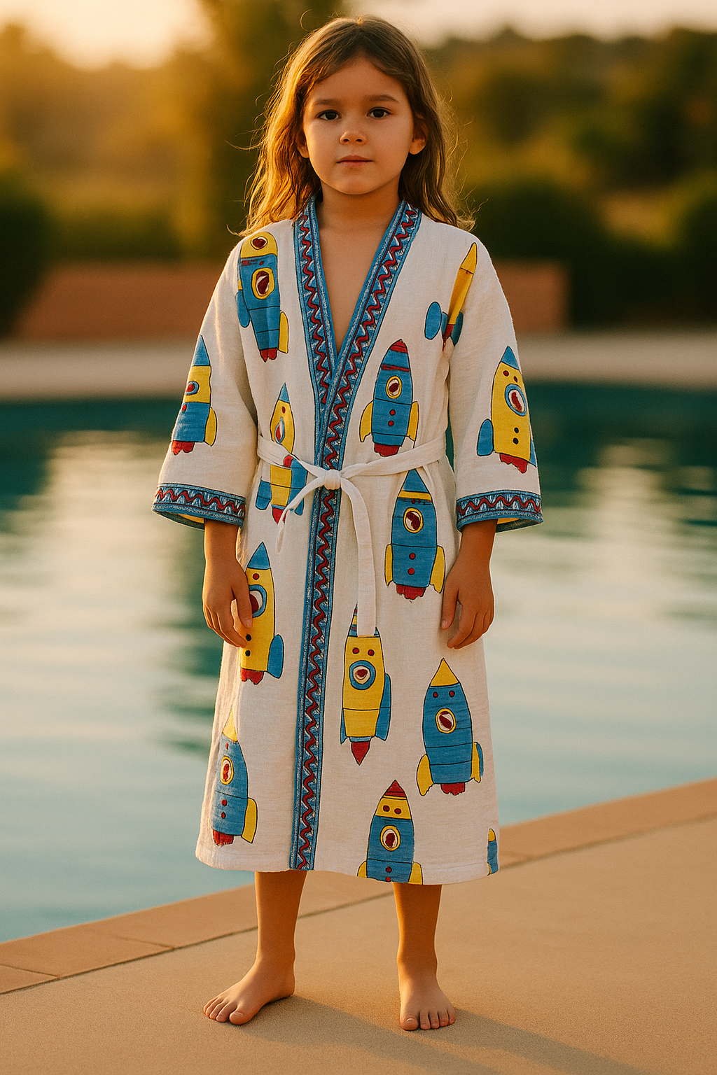 Handblock printed waffle cotton bathrobe for kids - 4-13 years old