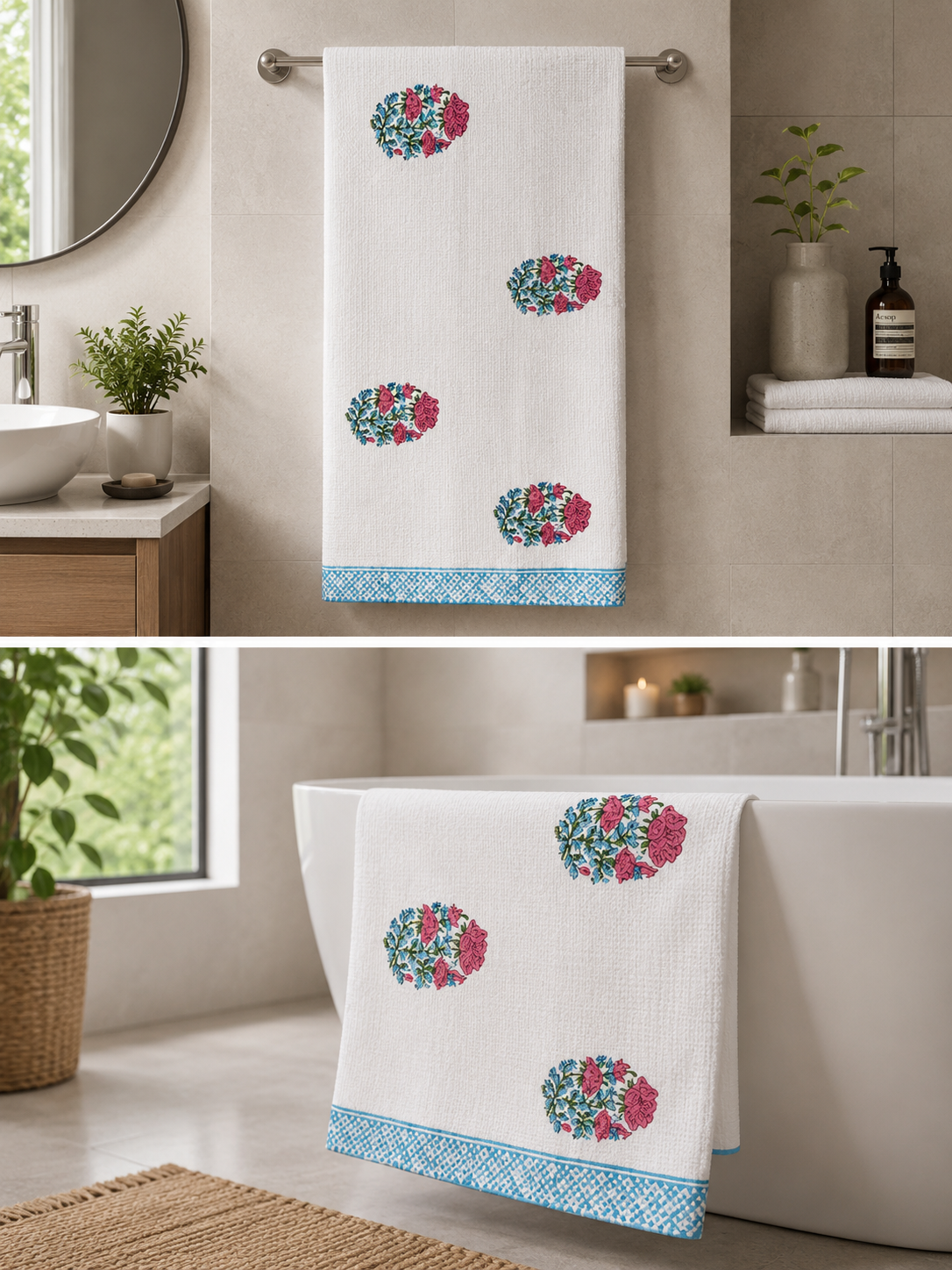 Hand Block Printed Honey Comb Cotton Bath Towel