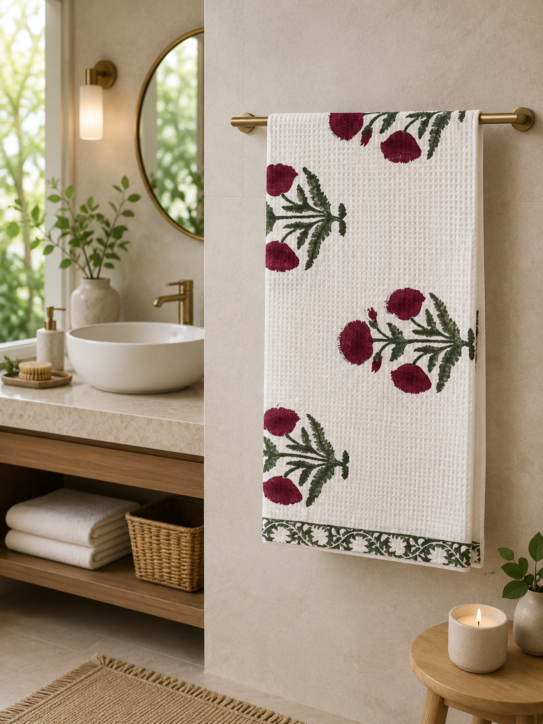 Hand Block Printed Honey Comb Cotton Bath Towel