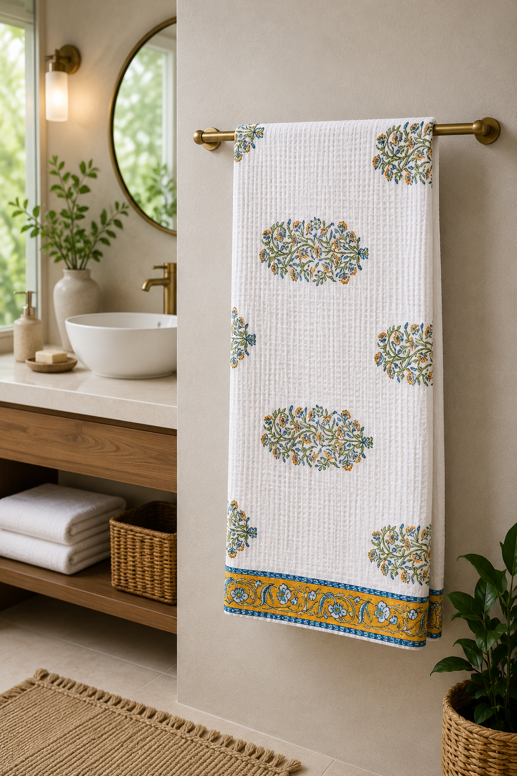 Hand Block Printed Honey Comb Cotton Bath Towel