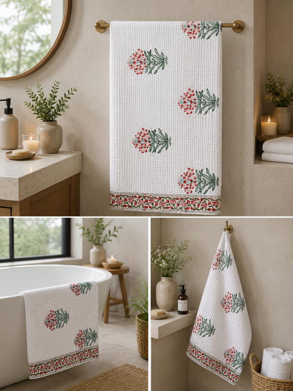 Hand Block Printed Honey Comb Cotton Bath Towel