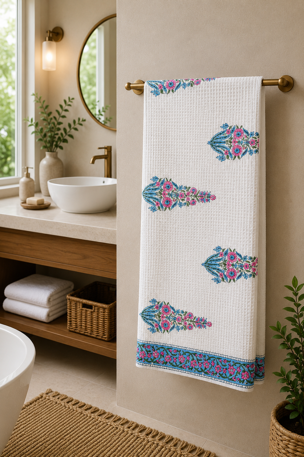 Hand Block Printed Honey Comb Cotton Bath Towel