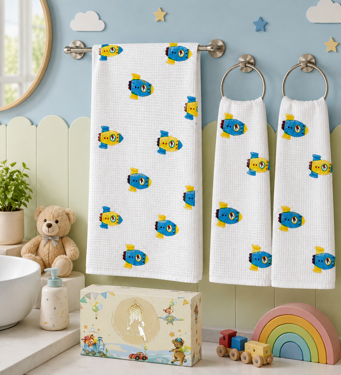 Kids Gift Set - Handblock Printed Towels - 1 Bath + 2 Hand Towels