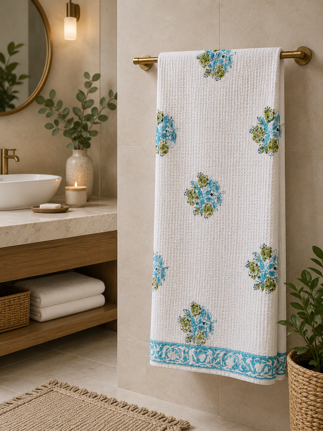 Hand Block Printed Honey Comb Cotton Bath Towel