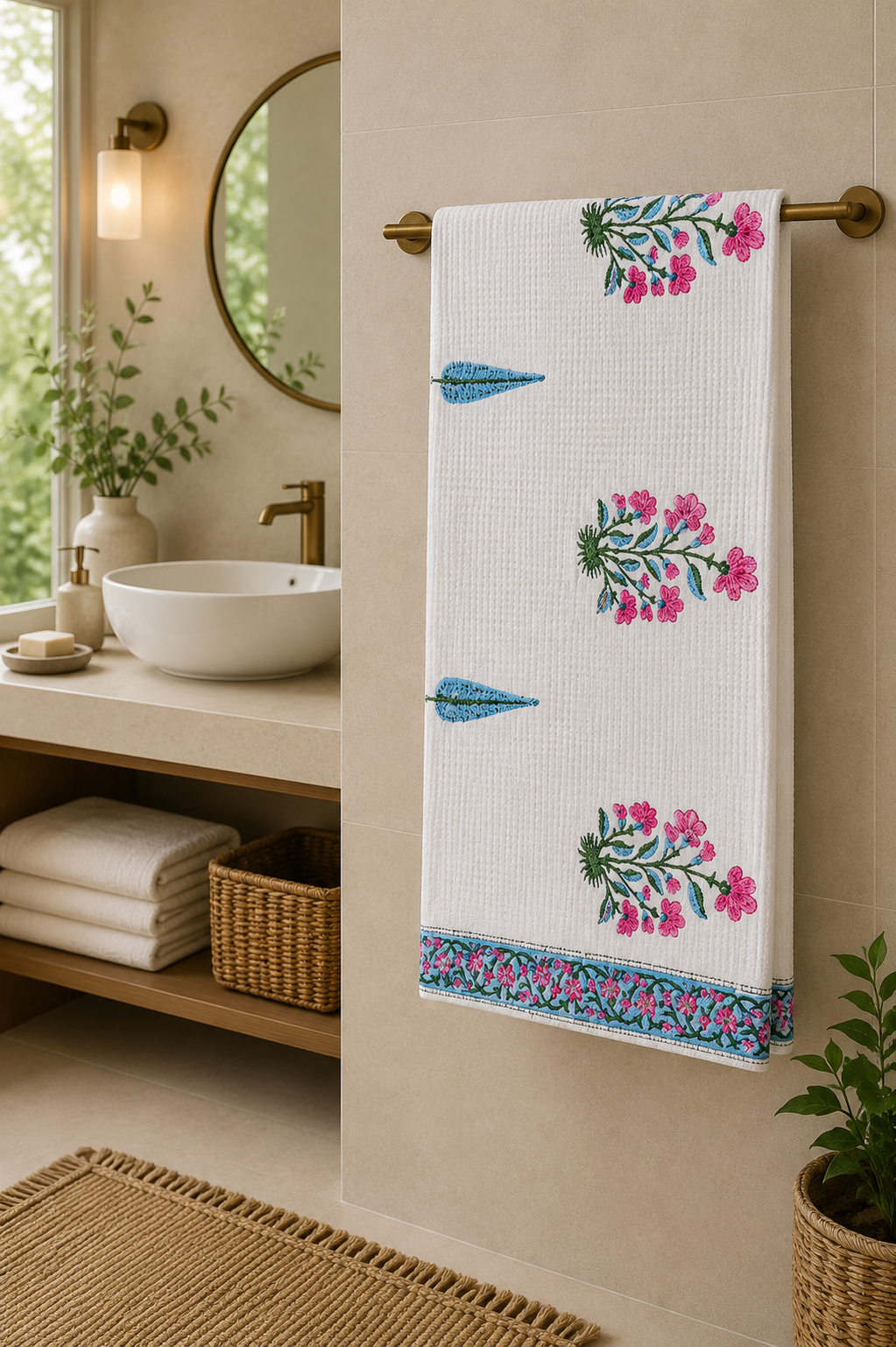 Hand Block Printed Honey Comb Cotton Bath Towel