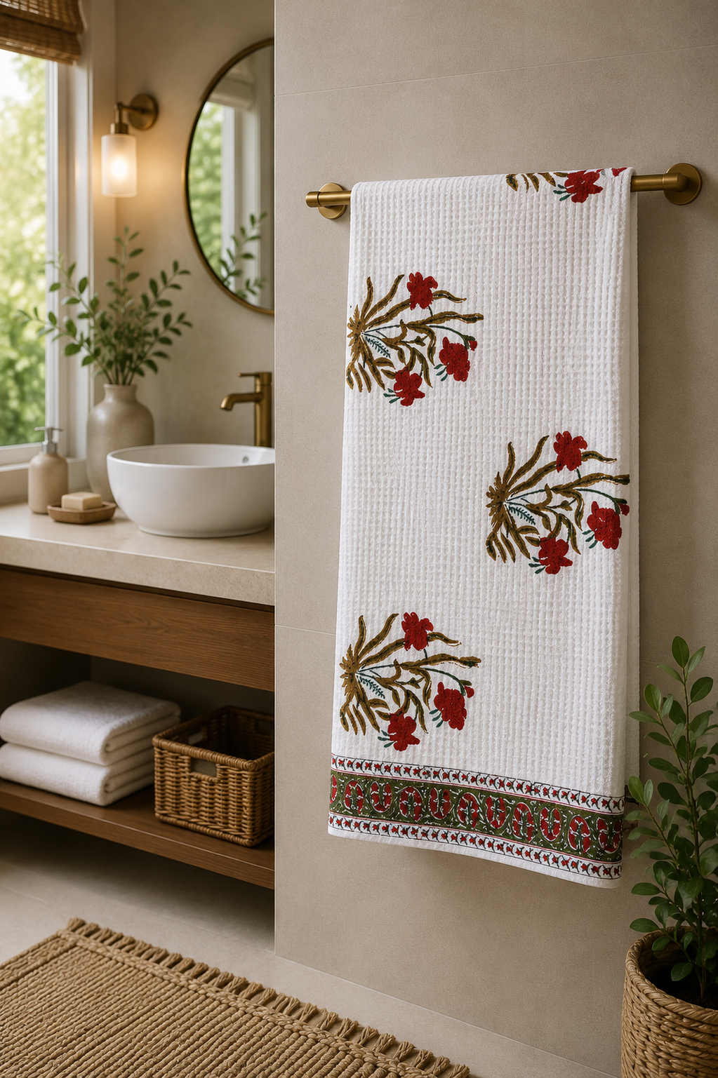 Hand Block Printed Honey Comb Cotton Bath Towel