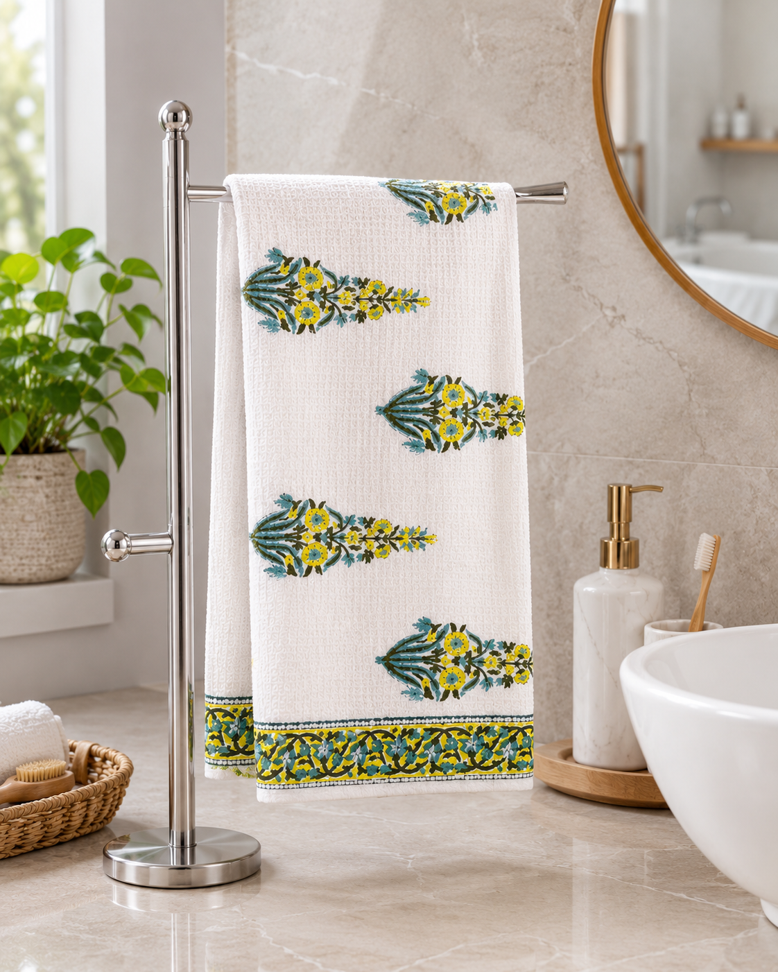 Hand Block Printed Honey Comb Cotton Bath Towel