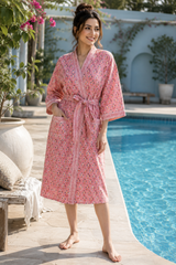 Waffle Cotton Handblock Printed Unisex Bathrobe - Free Size