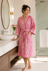 Waffle Cotton Handblock Printed Unisex Bathrobe - Free Size