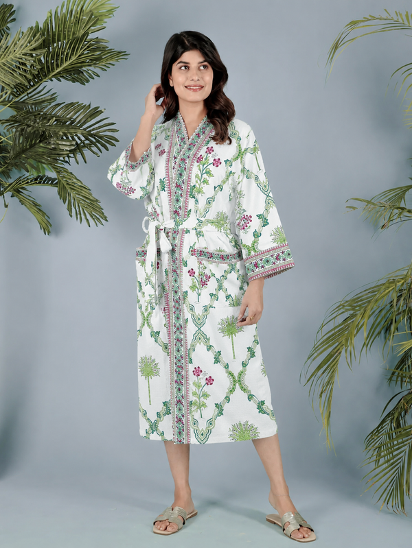 Waffle Cotton Handblock Printed Unisex Bathrobe - Free Size