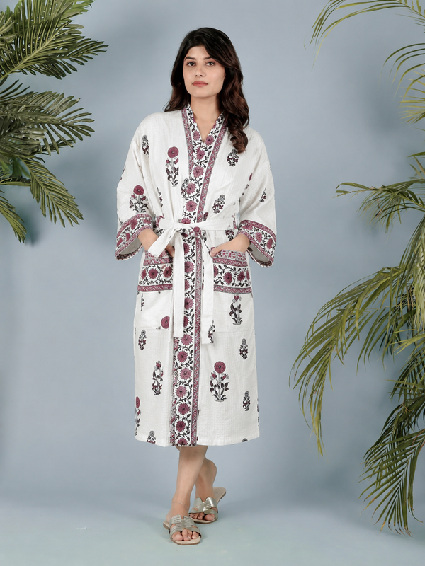 Waffle Cotton Handblock Printed Unisex Bathrobe - Free Size
