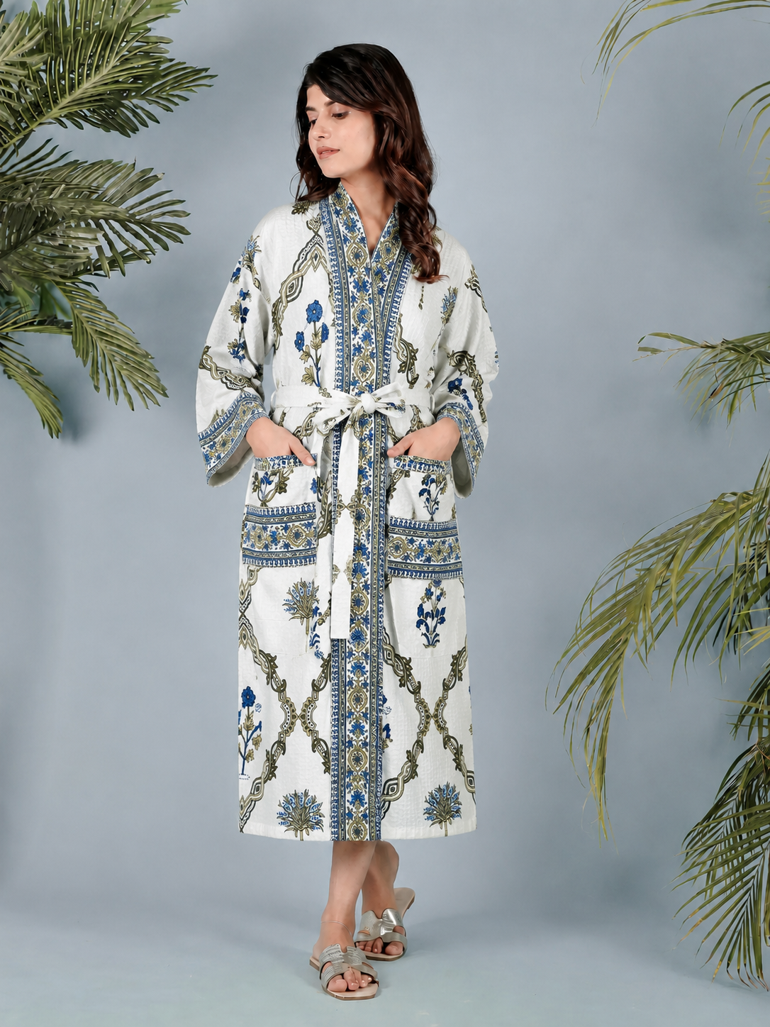 Waffle Cotton Handblock Printed Unisex Bathrobe - Free Size