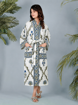 Waffle Cotton Handblock Printed Unisex Bathrobe - Free Size