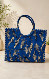 Handblock Printed Cotton Tote Bag with Unique Moon-Shaped Handle- 14x14x6 inches