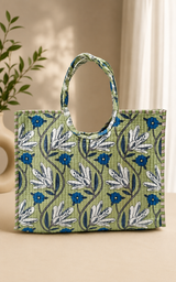 Handblock Printed Cotton Tote Bag with Unique Moon-Shaped Handle- 14x14x6 inches