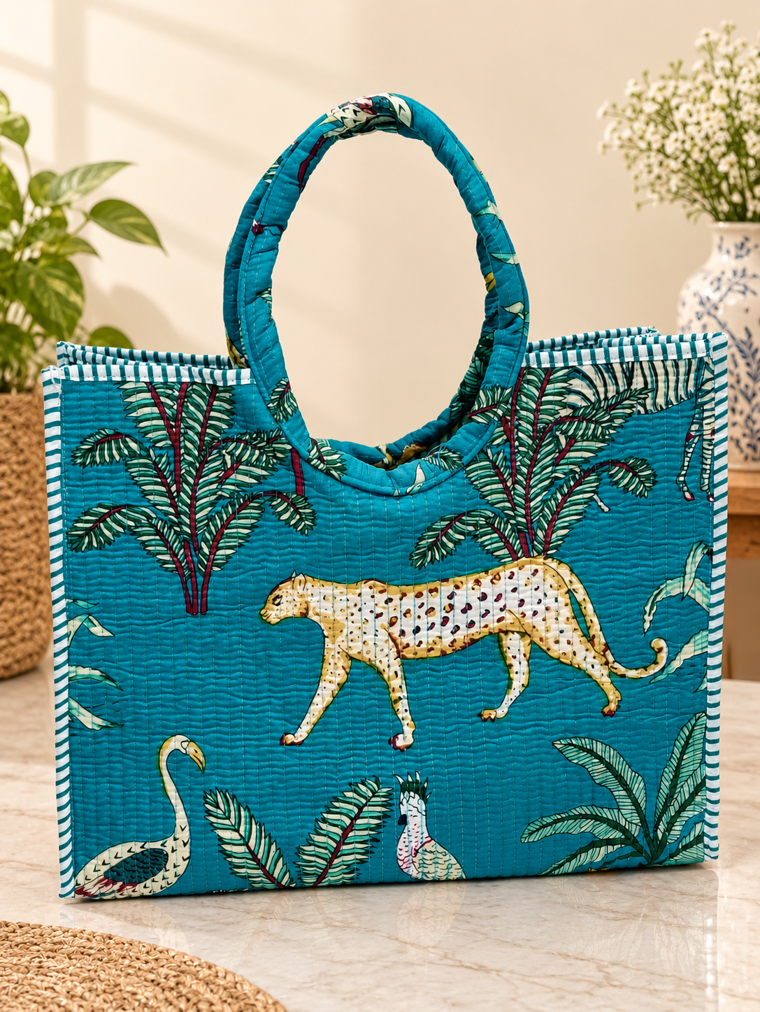 Handblock Printed Cotton Tote Bag with Unique Moon-Shaped Handle- 14x14x6 inches