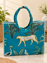 Handblock Printed Cotton Tote Bag with Unique Moon-Shaped Handle- 14x14x6 inches