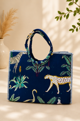 Handblock Printed Cotton Tote Bag with Unique Moon-Shaped Handle- 14x14x6 inches